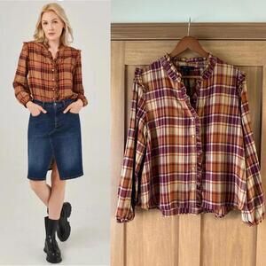 Frye Ruffle Plaid Flannel Button Down Blouse Women’s size XL​